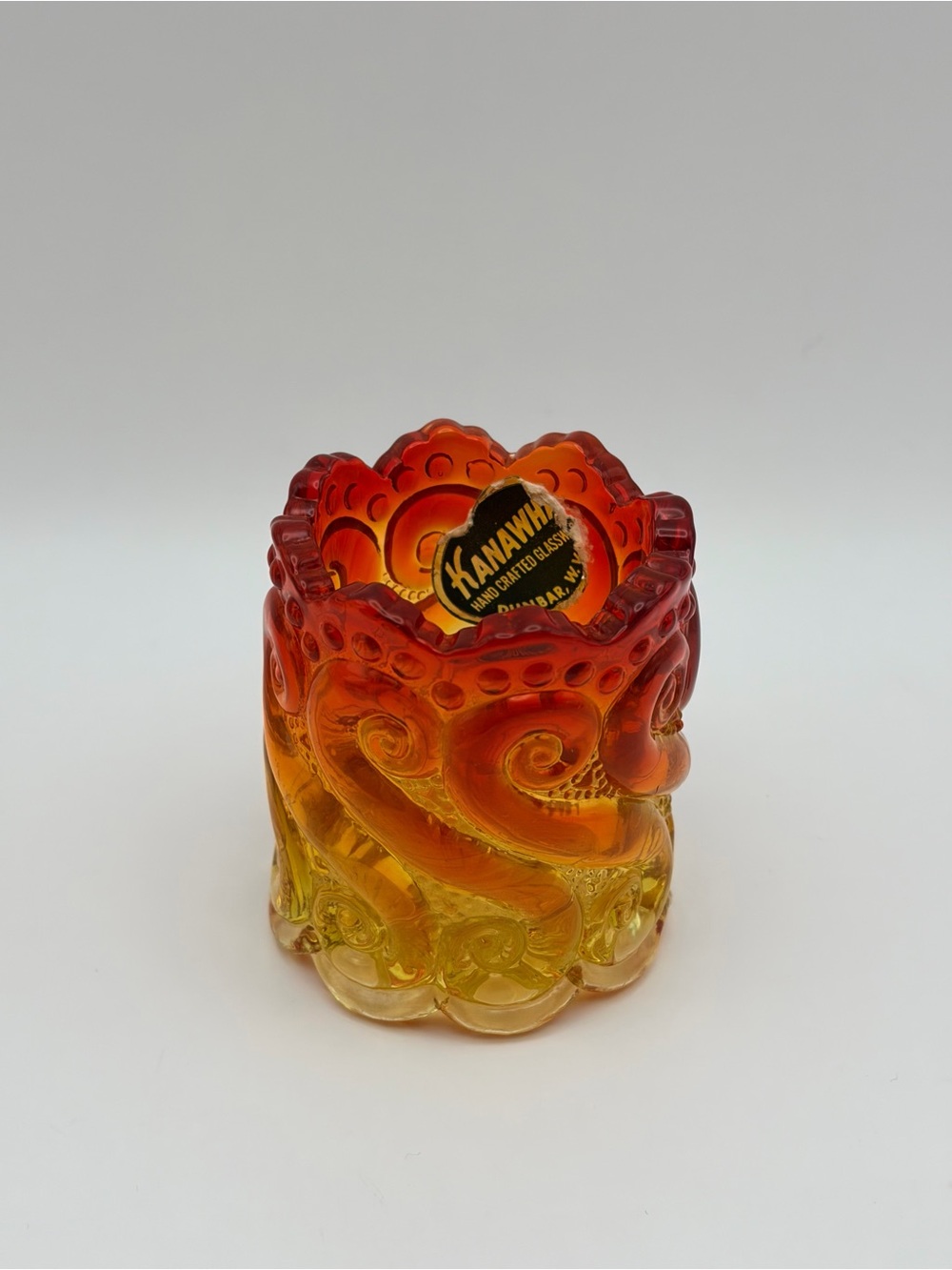 GLOWS! Amberina Glass Toothpick Holder, Swirling S Pattern, Kanawha, Dunbar, WV